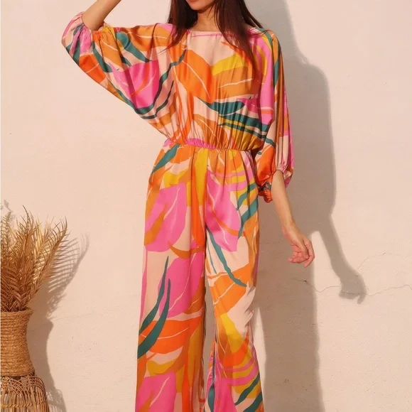 Isla Tropical Satin Boat Neck Blouson Jumpsuit